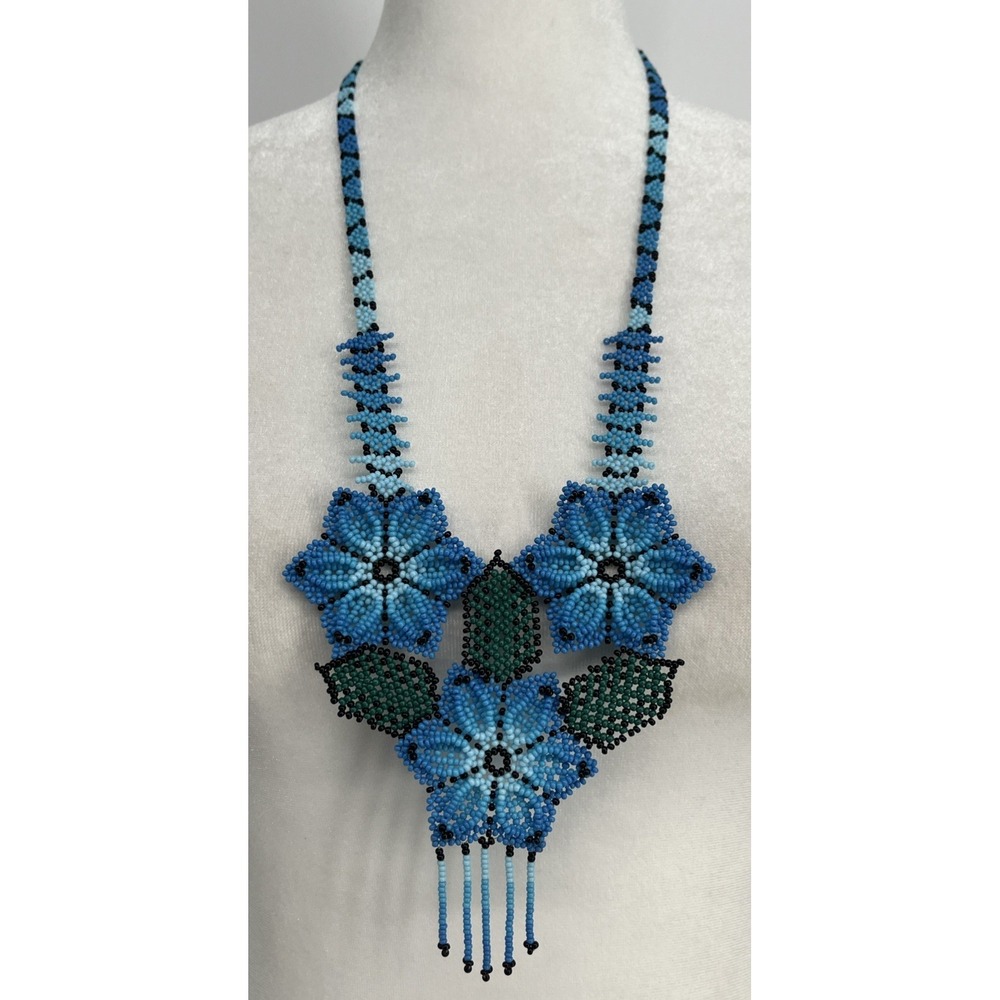 Huichol Beaded Blue Flowers Green Petals Statement Necklace Handmade in Mexico